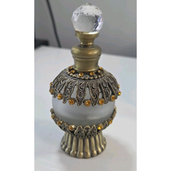 Other - Filigree Perfume Bottle Frosted Glass Gold Tone Rhinestones Crystal Ball Top